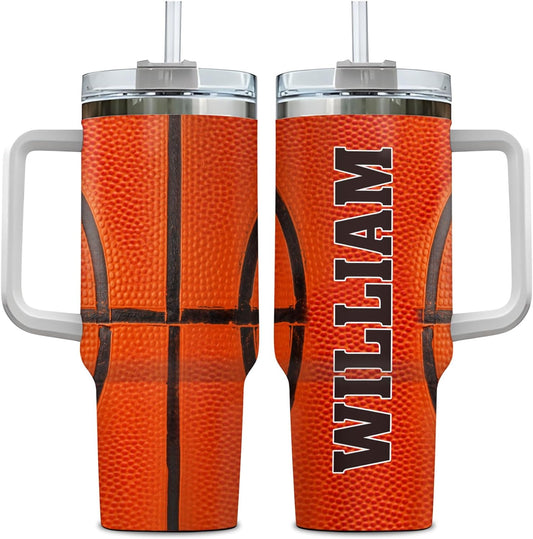 Basketball Texture Tumbler 40oz – Personalized Stainless Steel Insulated Cup with Handle & Straw – Fun Gift for Basketball Players & Fans