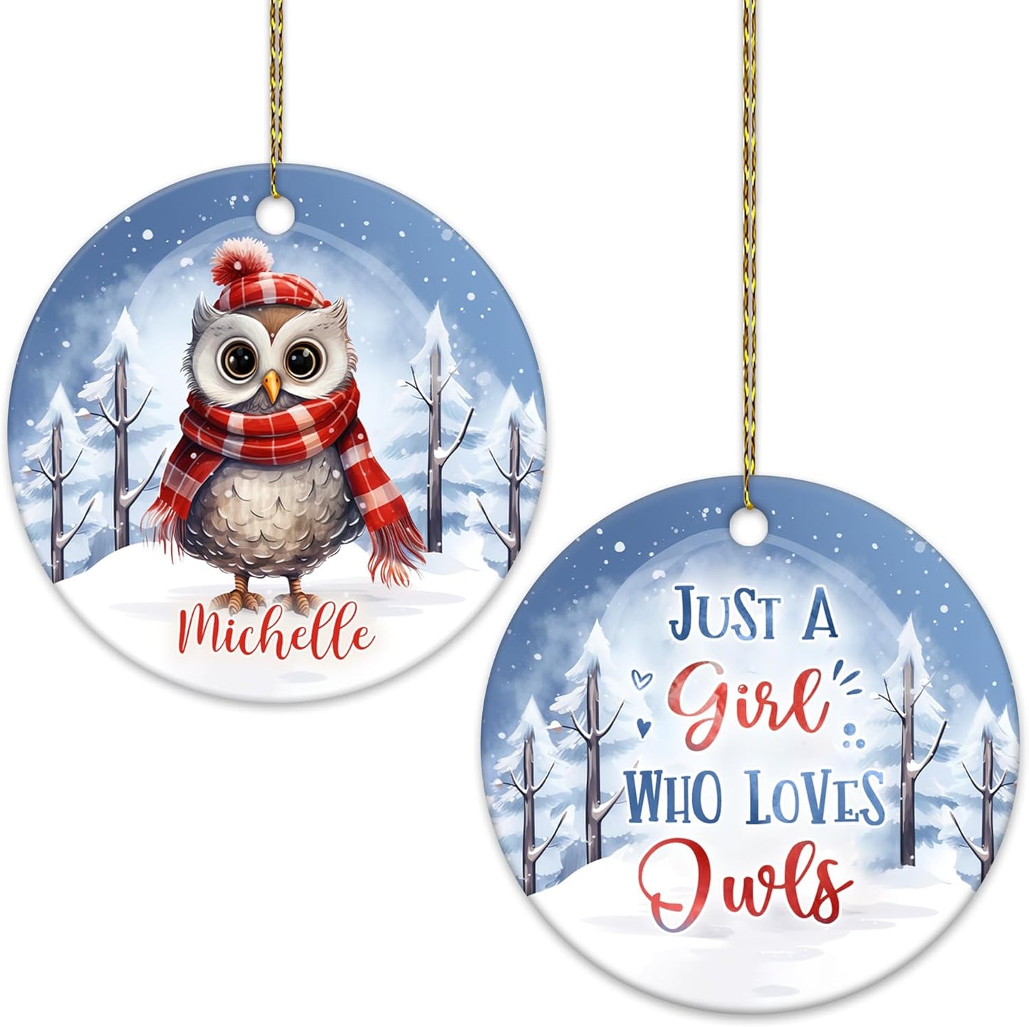 Owl in Scarf Winter Scene Ceramic Ornament – Personalized Custom Name Circle Keepsake, Christmas or Birthday Gift for Owl Lover Women