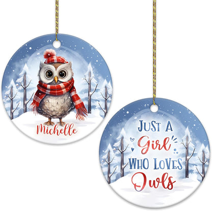 Owl in Scarf Winter Scene Ceramic Ornament – Personalized Custom Name Circle Keepsake, Christmas or Birthday Gift for Owl Lover Women