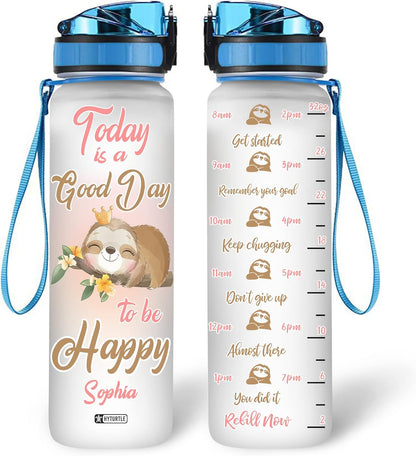 Sloth Water Bottle Tracker 32oz Personalized – Cute Animal Stainless Steel Hydration Bottle with Time Marker – Unique Gift for Sloth Lovers
