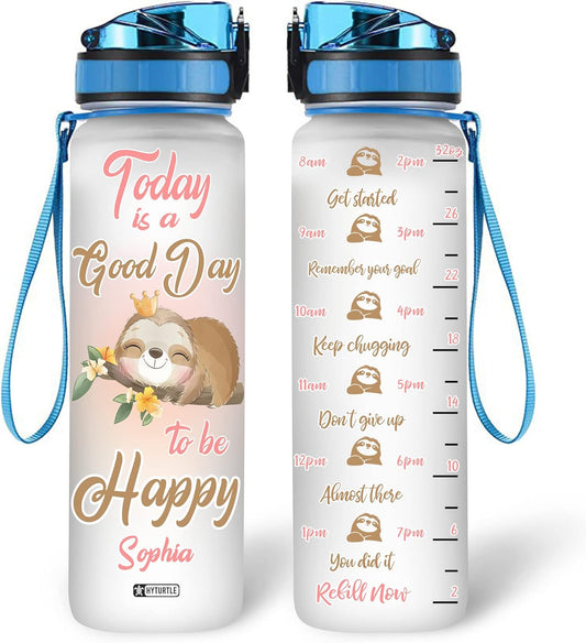 Sloth Water Bottle Tracker 32oz Personalized – Cute Animal Stainless Steel Hydration Bottle with Time Marker – Unique Gift for Sloth Lovers
