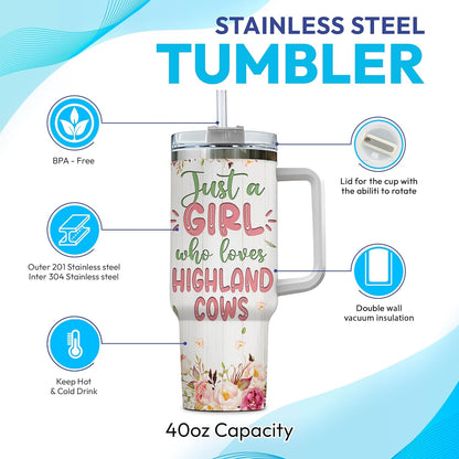 Highland Cow 40oz Tumbler with Handle & Straw – Personalized Stainless Steel Insulated Travel Cup with Lid – Unique Farm Animal Gift for Women