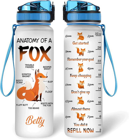 Anatomy of a Fox Water Bottle Tracker 32oz – Personalized Motivational Bottle with Time Marker – Fun Gift for Fox Lovers