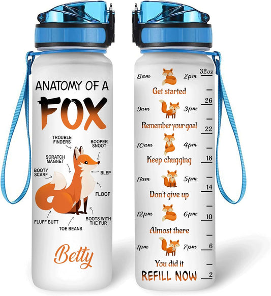 Anatomy of a Fox Water Bottle Tracker 32oz – Personalized Motivational Bottle with Time Marker – Fun Gift for Fox Lovers