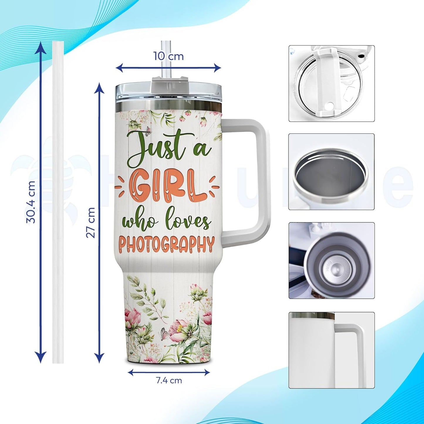 Vintage Camera Art 40oz Tumbler with Handle & Straw – Personalized Stainless Steel Insulated Travel Cup with Lid – Creative Gift for Photography Lovers