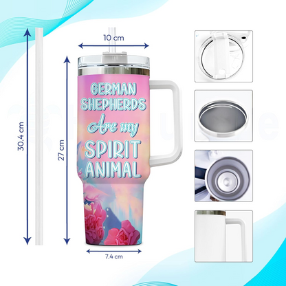 German Shepherd Spirit Animal Tumbler 40oz – Personalized Stainless Steel Insulated Cup with Handle & Straw – Unique Gift for Dog Lovers