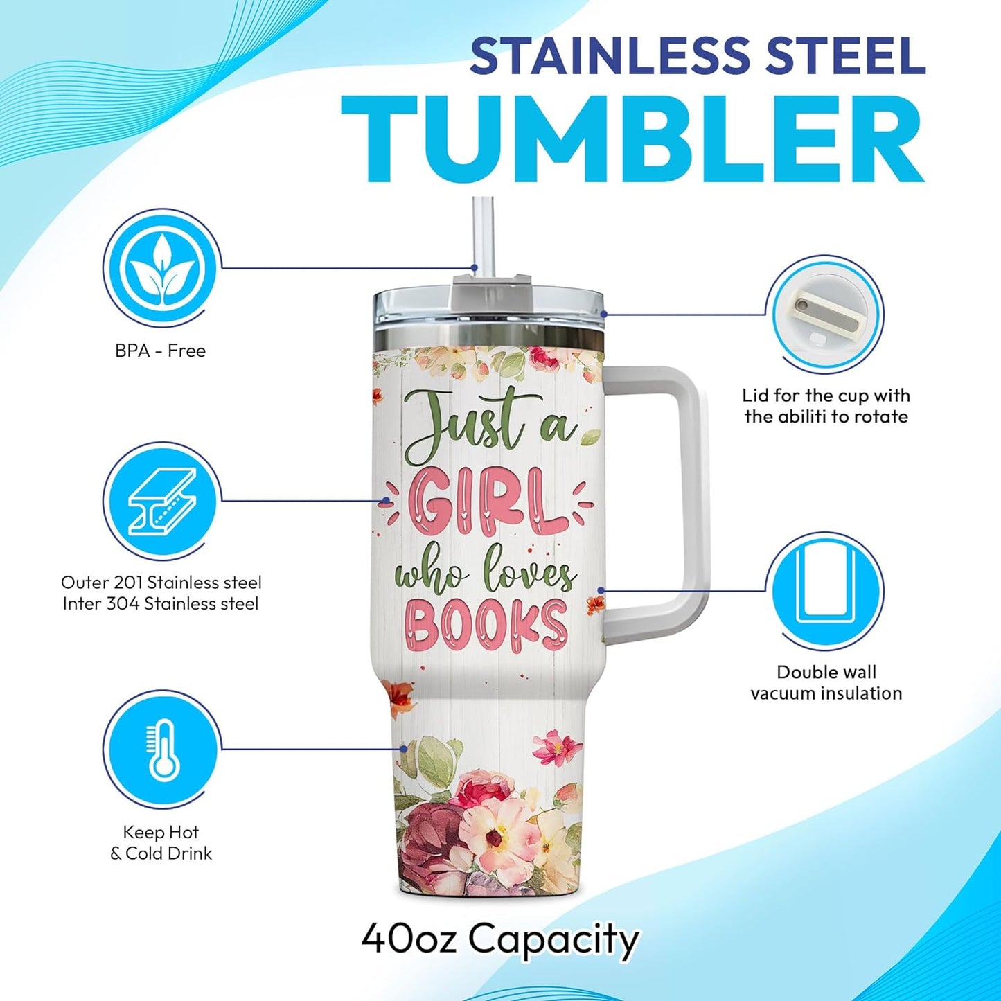 Vintage Books 40oz Tumbler with Handle & Straw – Personalized Stainless Steel Insulated Travel Cup with Lid – Creative Gift for Book Lovers