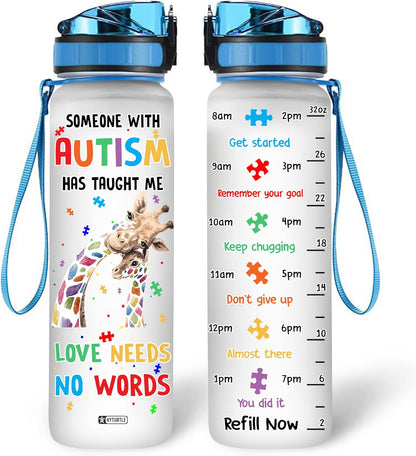 Autism Awareness Water Bottle Tracker 32oz – Personalized Motivational Bottle with Time Marker – Support Gift for Families