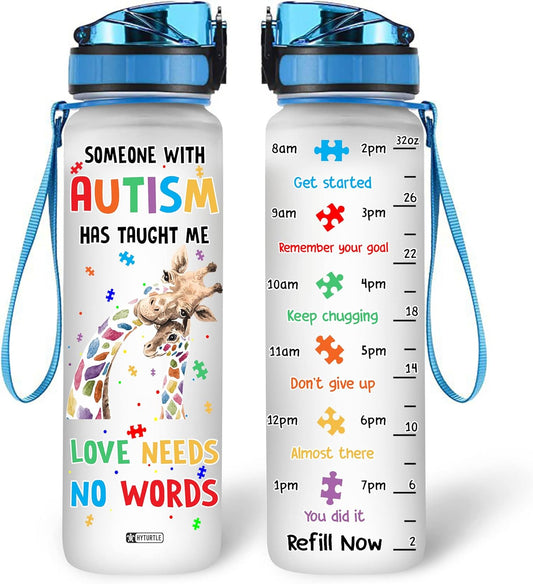 Autism Awareness Water Bottle Tracker 32oz – Personalized Motivational Bottle with Time Marker – Support Gift for Families