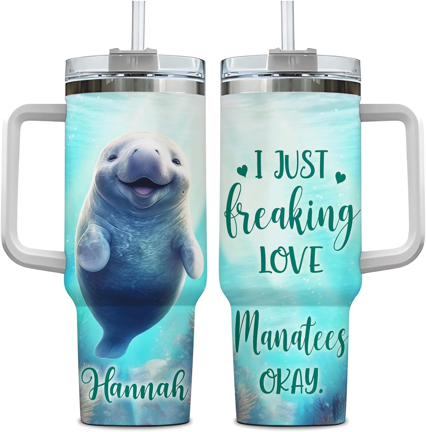 Manatee Lover Tumbler 40oz – Personalized Stainless Steel Insulated Travel Cup with Handle & Straw, Leak-Proof Lid – Unique Sea Animal Gift for Ocean Lovers