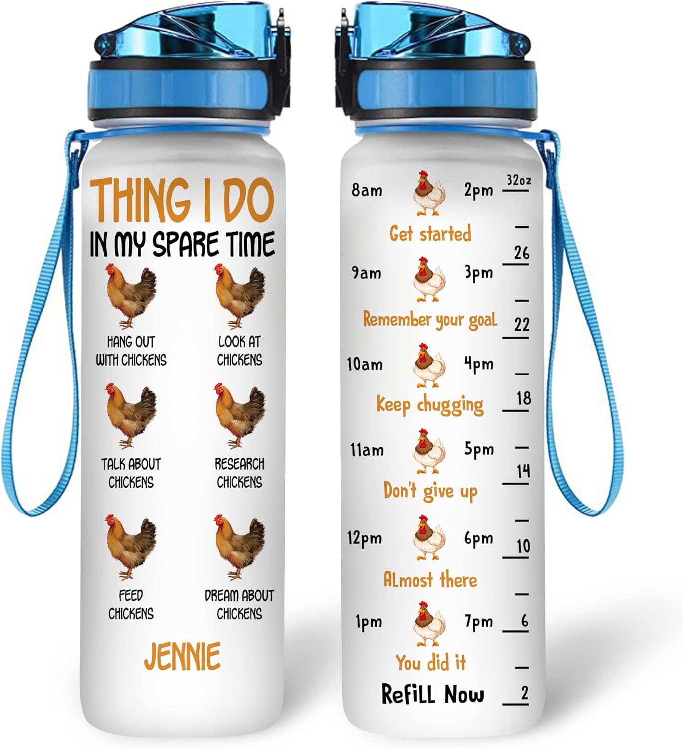 Funny Chicken Theme Water Bottle Tracker 32oz – Personalized Motivational Bottle with Time Marker – Unique Gift for Farm Lovers