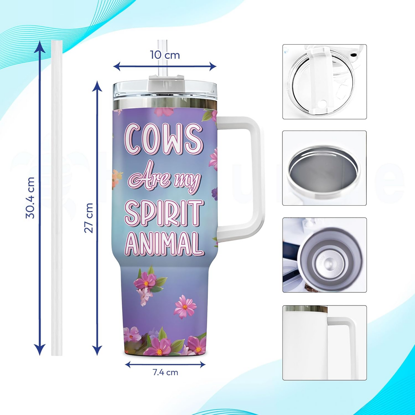 Cow Lover Tumbler 40oz with Handle & Straw – Personalized Stainless Steel Insulated Travel Cup with Lid – Cute Birthday Gift for Farm Animal Lovers