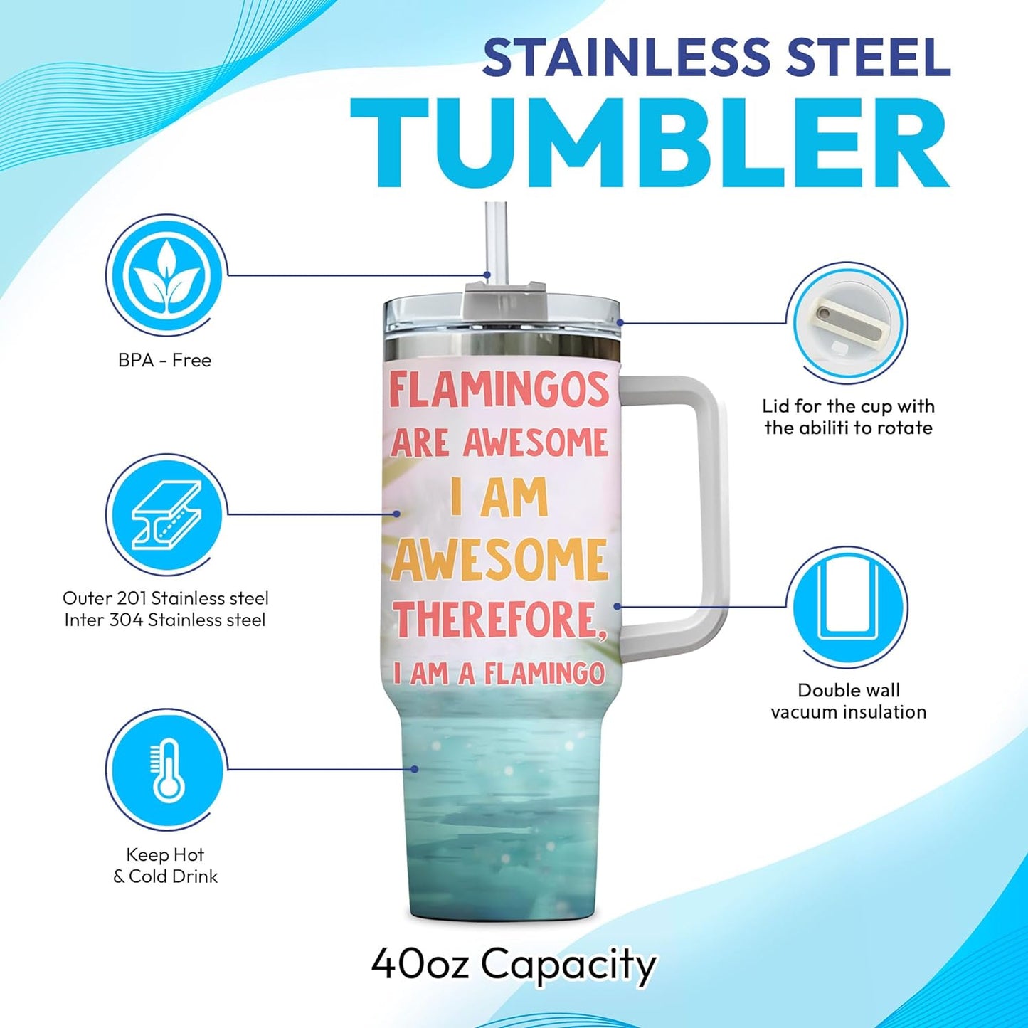 Flamingo Tumbler 40oz with Handle & Straw – Personalized Stainless Steel Insulated Cup with Lid – Stylish Gift for Bird Lovers