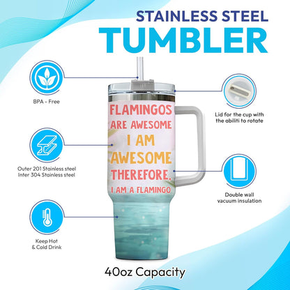 Flamingo Tumbler 40oz with Handle & Straw – Personalized Stainless Steel Insulated Cup with Lid – Stylish Gift for Bird Lovers