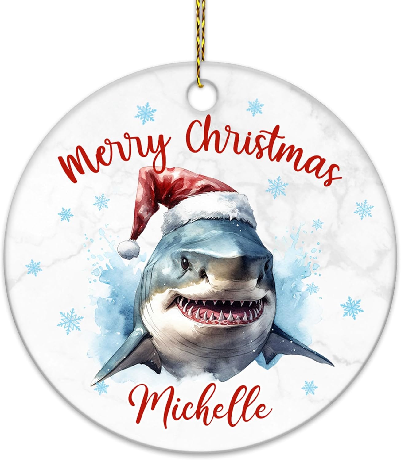 Shark Lover Ceramic Christmas Ornament  Personalized Merry Christmas Round Decoration  Sea Animal Gift Keepsake