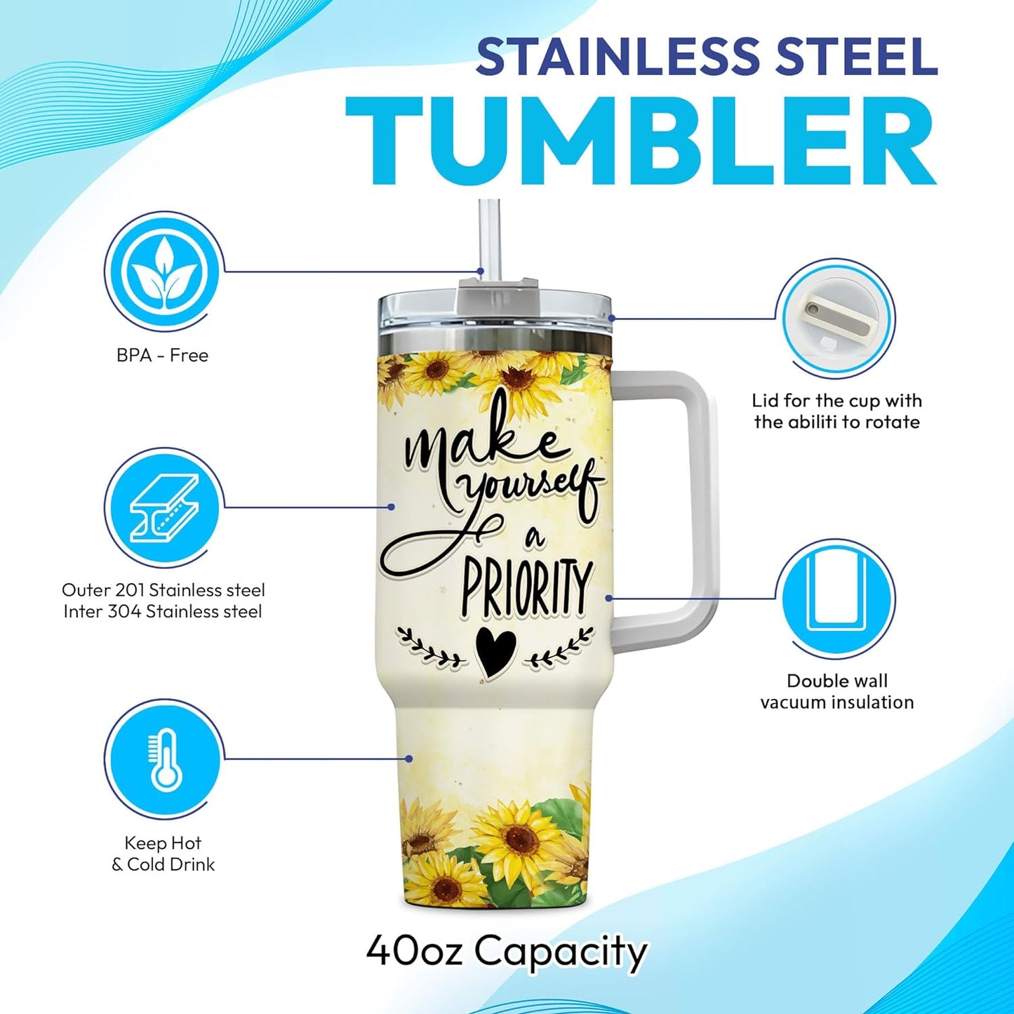 Cute Sloth & Sunflower Tumbler 40oz with Handle & Straw – Personalized Stainless Steel Insulated Travel Cup with Lid – Adorable Gift for Sloth Lovers