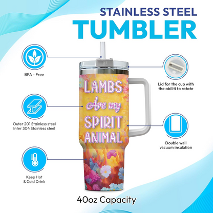 Cute Lamb Spirit Animal Tumbler 40oz – Personalized Stainless Steel Insulated Cup with Handle & Straw – Unique Gift for Sheep Lovers