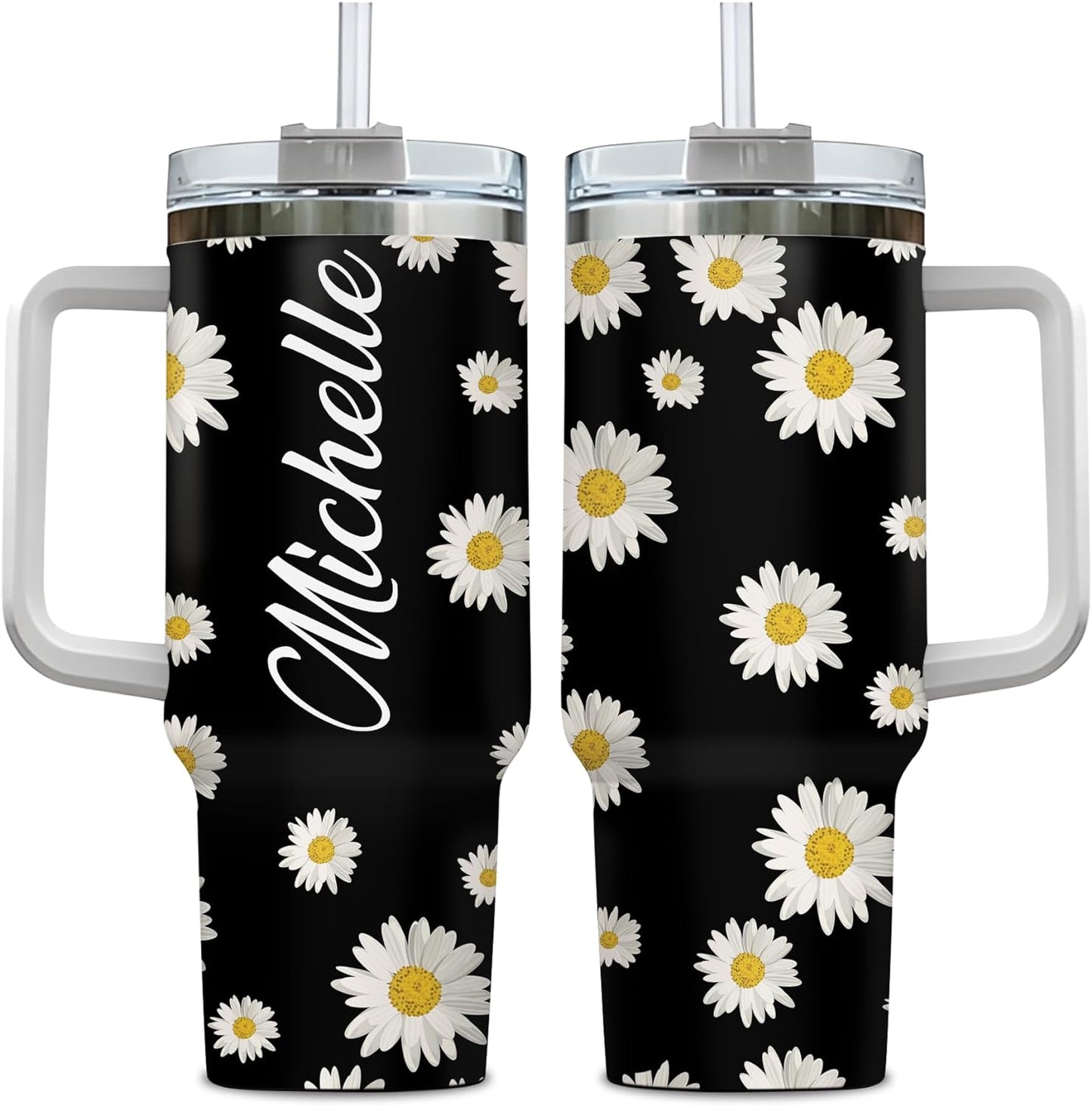 Daisy Flower Tumbler 40oz with Handle & Straw – Personalized Stainless Steel Insulated Travel Cup with Lid – Stylish Floral Gift for Women & Mom