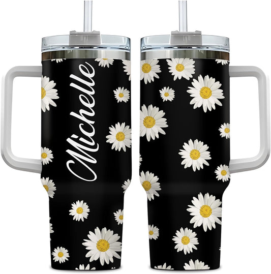Daisy Flower Tumbler 40oz with Handle & Straw – Personalized Stainless Steel Insulated Travel Cup with Lid – Stylish Floral Gift for Women & Mom