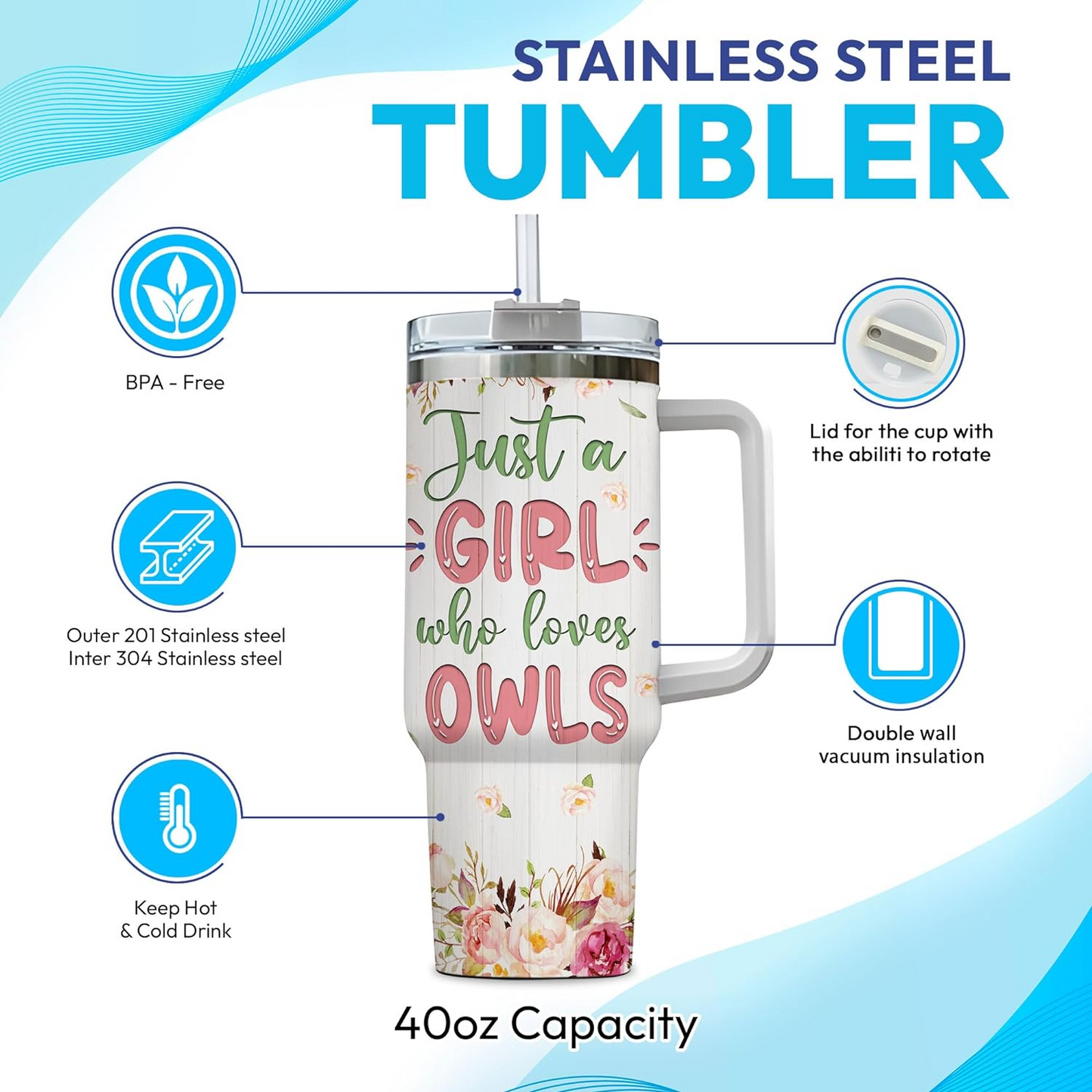 Owl Floral 40oz Tumbler with Handle & Straw – Personalized Stainless Steel Insulated Travel Cup with Lid – Stylish Gift for Animal Lovers