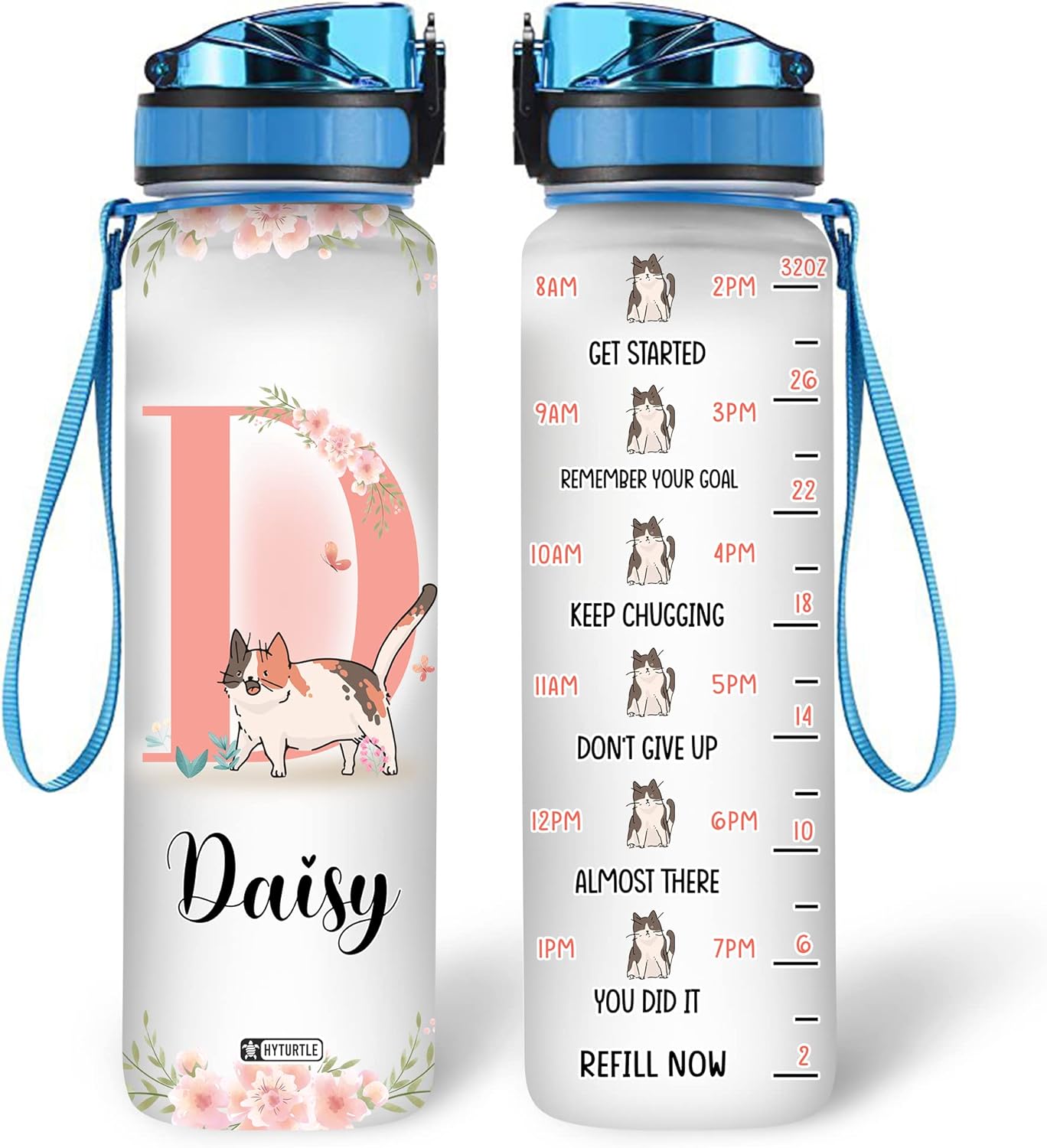 Cute Cat Floral Pattern - Personalized Water Tracker Bottle 32oz