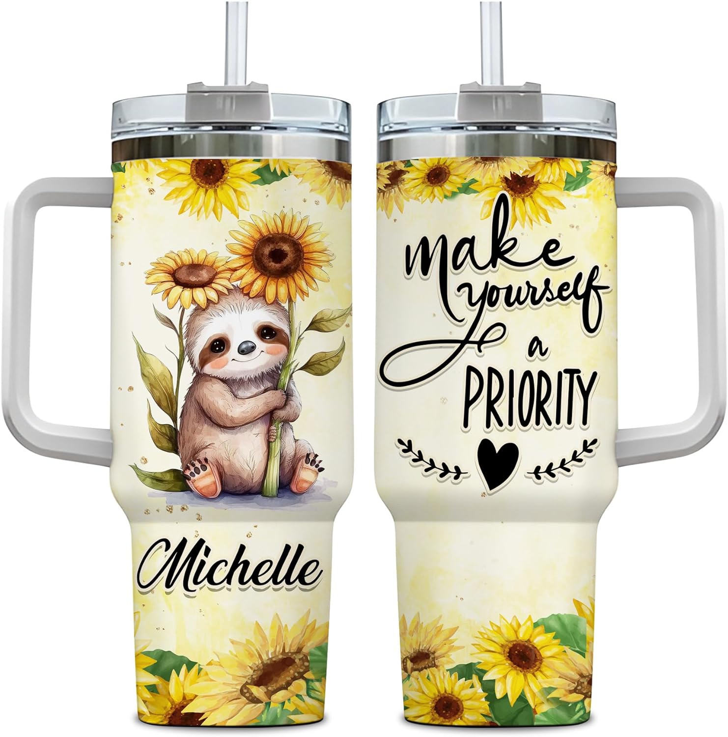 Cute Sloth & Sunflower Tumbler 40oz with Handle & Straw – Personalized Stainless Steel Insulated Travel Cup with Lid – Adorable Gift for Sloth Lovers