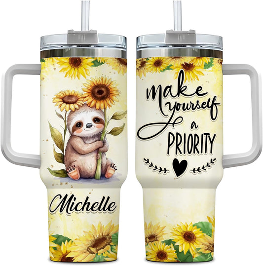 Cute Sloth & Sunflower Tumbler 40oz with Handle & Straw – Personalized Stainless Steel Insulated Travel Cup with Lid – Adorable Gift for Sloth Lovers