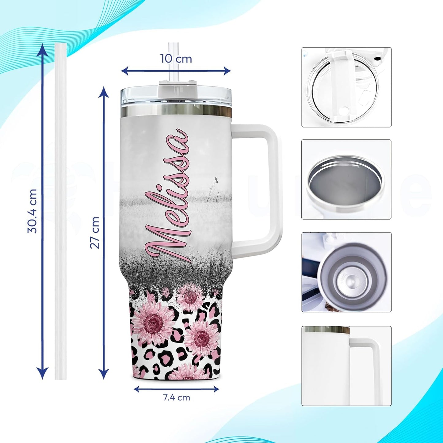 Highland Cow Floral Tumbler 40oz with Handle & Straw – Personalized Stainless Steel Travel Cup with Lid – Cute Farm Animal Gift for Women