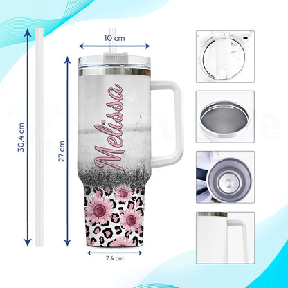 Highland Cow Floral Tumbler 40oz with Handle & Straw – Personalized Stainless Steel Travel Cup with Lid – Cute Farm Animal Gift for Women