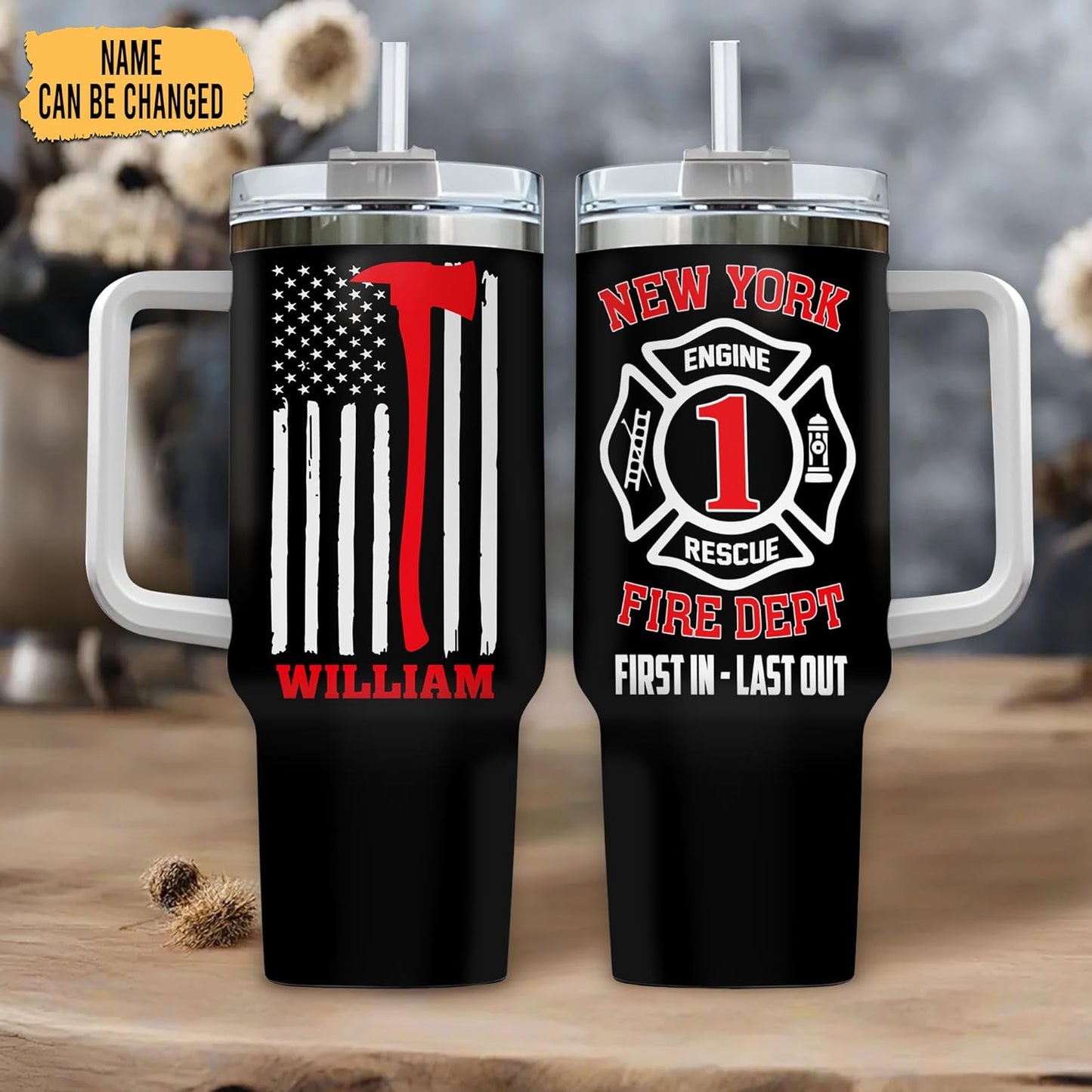 Firefighter Flag Tumbler 40oz with Handle & Straw – Personalized Stainless Steel Insulated Travel Cup with Lid – Meaningful Gift for Firemen & Heroes
