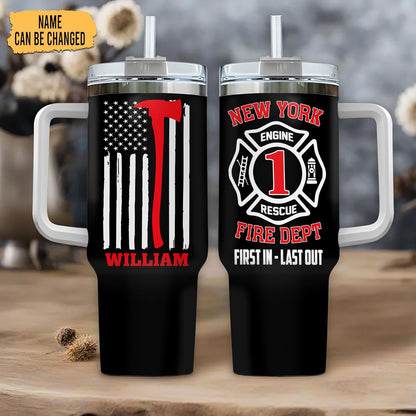 Firefighter Flag Tumbler 40oz with Handle & Straw – Personalized Stainless Steel Insulated Travel Cup with Lid – Meaningful Gift for Firemen & Heroes