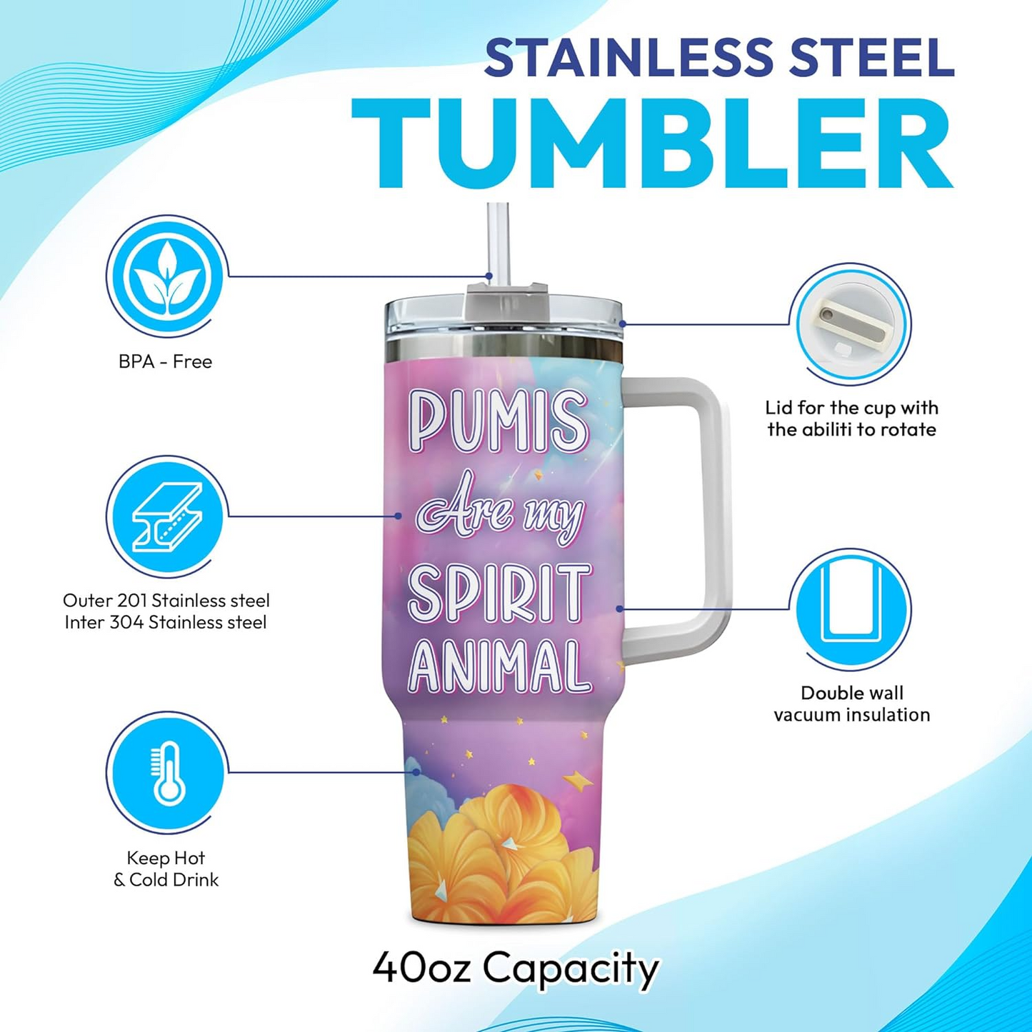 Pumi Dog Spirit Animal Tumbler 40oz – Personalized Stainless Steel Insulated Cup with Handle & Straw – Creative Gift for Dog Lovers