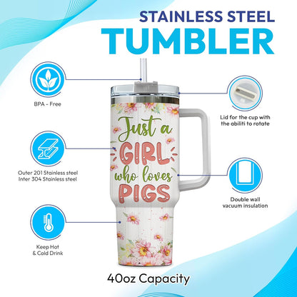 Pig Lover Tumbler 40oz – Personalized Stainless Steel Travel Cup with Handle & Straw, Insulated Coffee Mug – Cute Gift for Animal Lovers