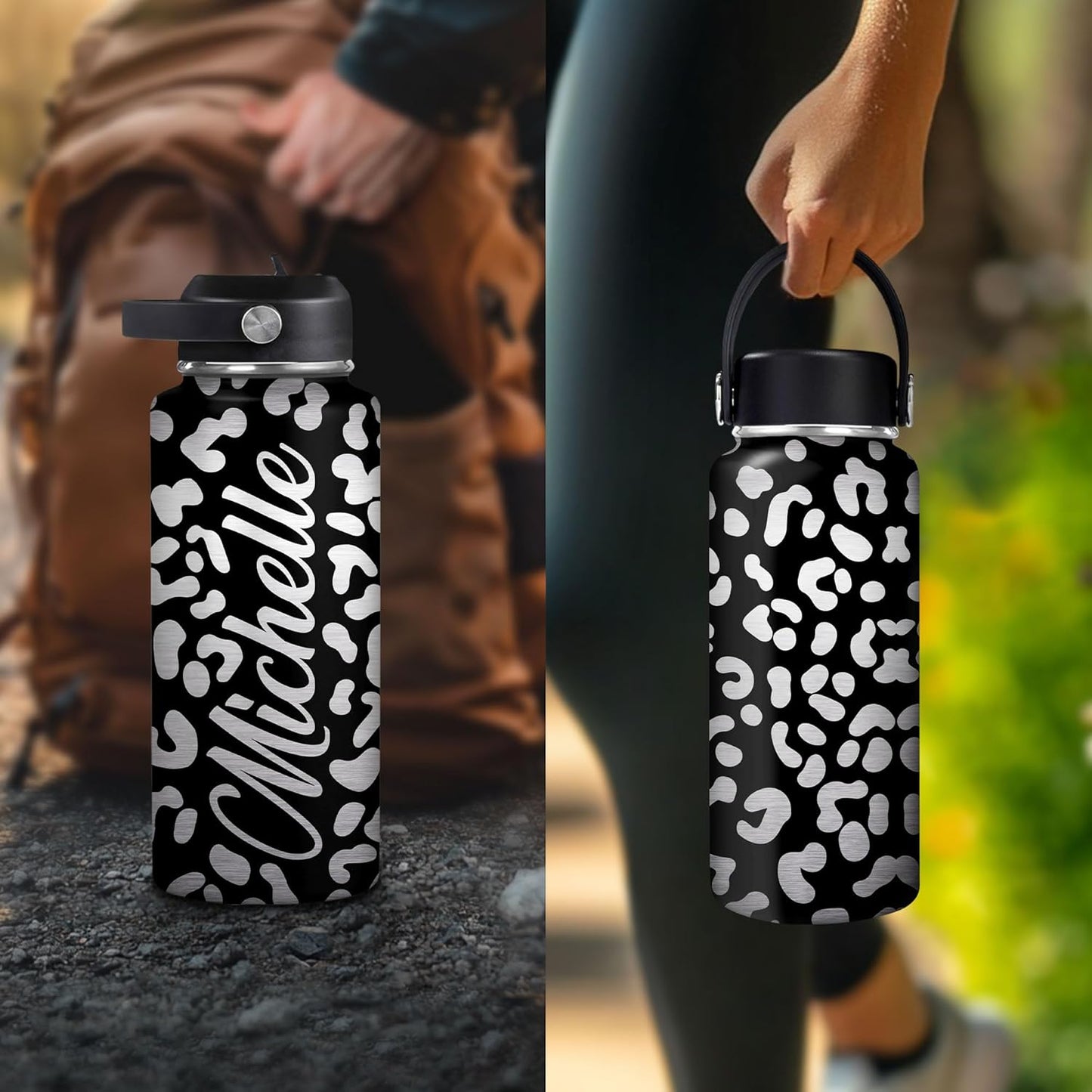 Silver Leopard Print Water Bottle 32oz – Personalized Stainless Steel Insulated Bottle with Leak-Proof Lid – Stylish Gift for Animal Print Lovers