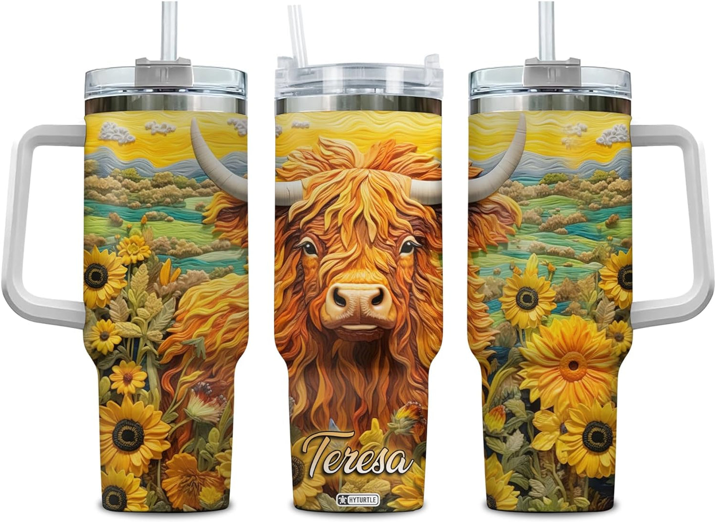 Highland Cow & Sunflower Tumbler 40oz with Handle & Straw – Personalized Stainless Steel Insulated Travel Cup with Lid – Farm Animal Lover Gift for Women