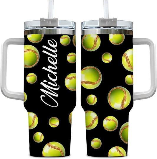 Softball Lover Tumbler 40oz with Handle & Straw – Personalized Stainless Steel Travel Cup with Lid – Unique Gift for Players & Coaches
