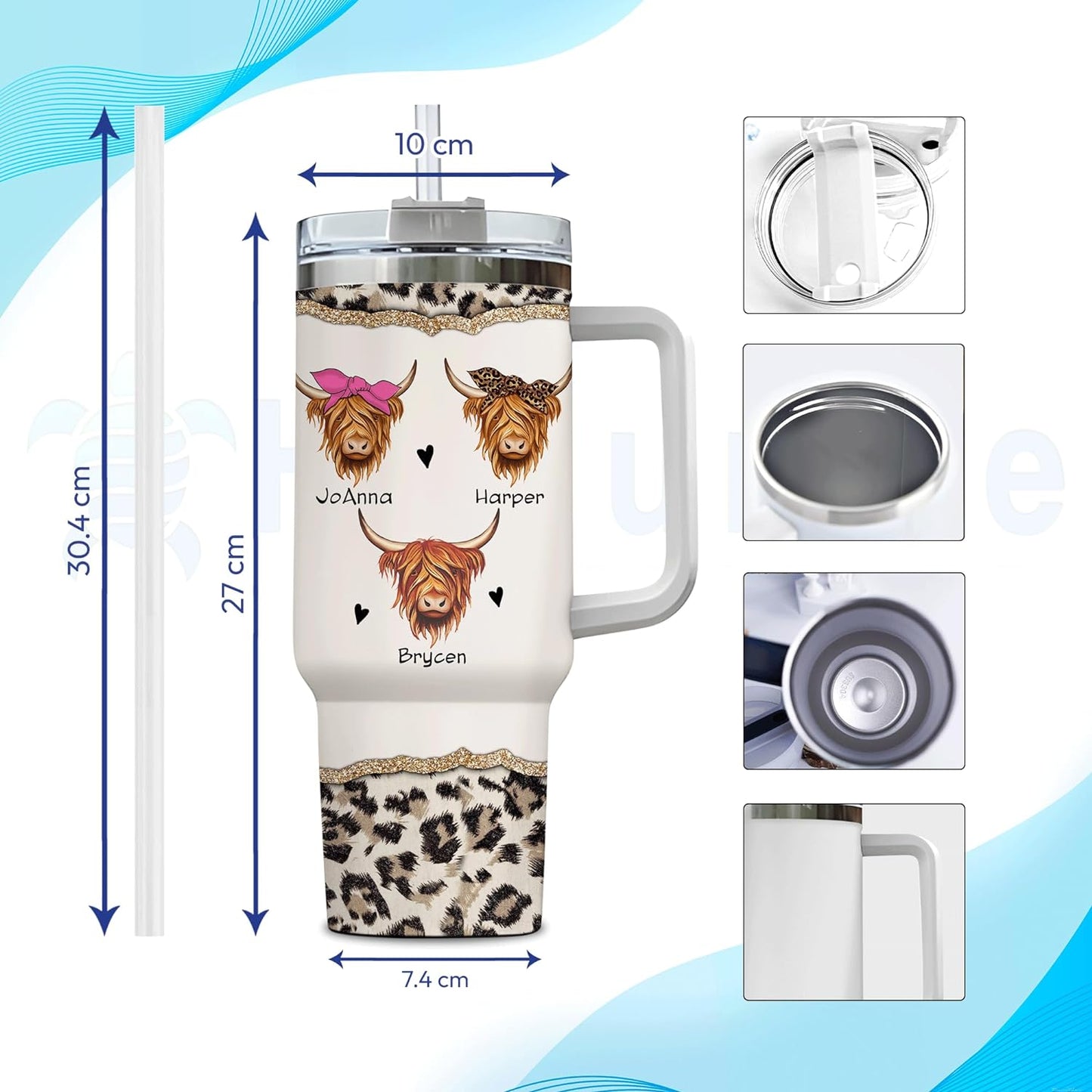 Highland Cow Mama Tumbler 40oz – Personalized Stainless Steel Travel Cup with Handle & Straw, Insulated & Leak-Proof – Creative Farm Animal Gift for Mom