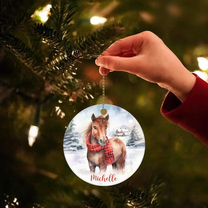 Horse in Snow Scarf Ceramic Circle Ornament – Personalized Christmas Gift for Horse Lover, Rider or Barn Friend
