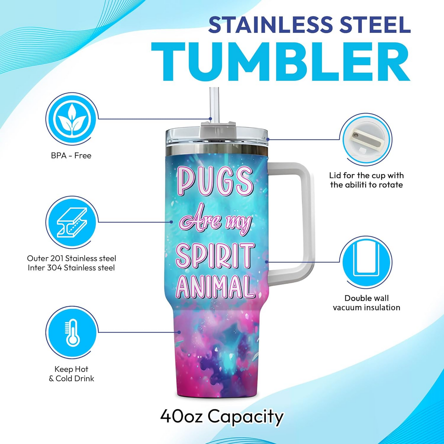 Pug Spirit Animal Tumbler 40oz – Personalized Stainless Steel Cup with Handle & Straw – Fun Gift for Dog Moms & Pet Lovers