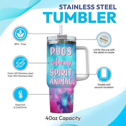 Pug Spirit Animal Tumbler 40oz – Personalized Stainless Steel Cup with Handle & Straw – Fun Gift for Dog Moms & Pet Lovers