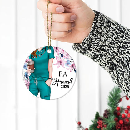 Physician Assistant Scrubs with Florals Ceramic Circle Ornament – Personalized Christmas Gift for PA Student, Grad or Healthcare Hero
