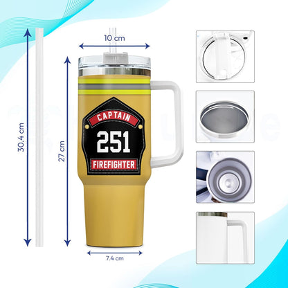 Firefighter Captain Tumbler 40oz with Handle & Straw – Personalized Stainless Steel Insulated Travel Cup with Lid – Unique Gift for Firemen & Heroes