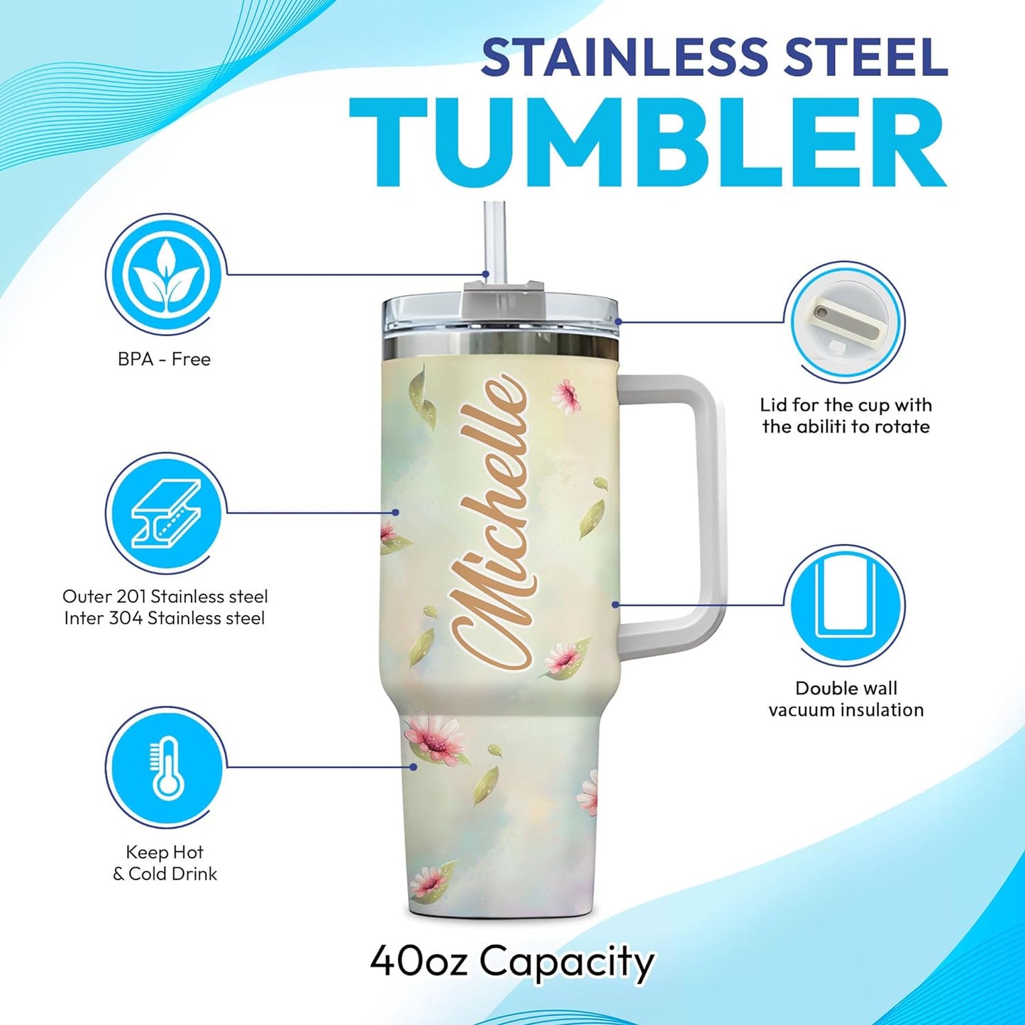Cute Sloth Tumbler 40oz with Handle & Straw – Personalized Stainless Steel Travel Cup with Lid – Adorable Gift for Animal Lovers