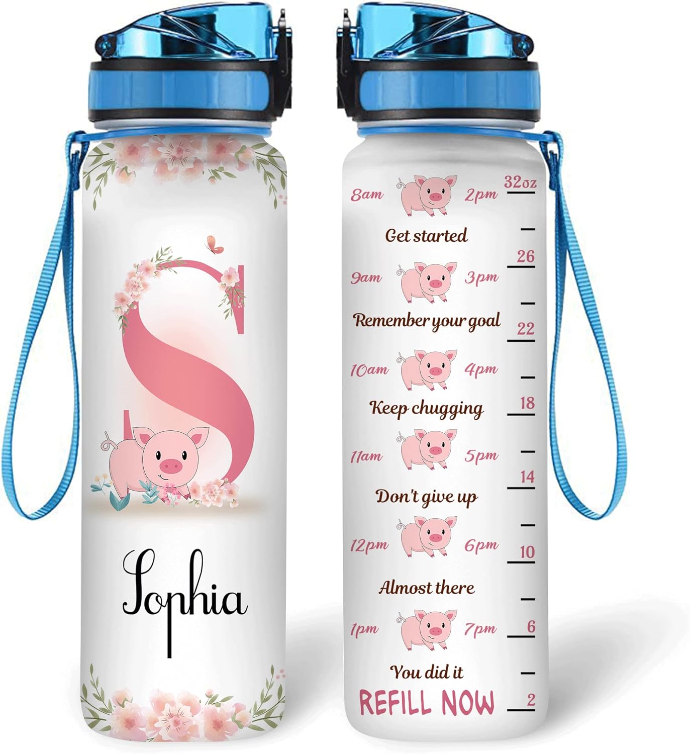 Cute Pig Theme Water Bottle Tracker 32oz – Personalized Motivational Bottle with Time Marker – Fun Gift for Animal Lovers