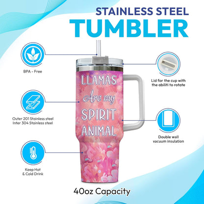 Llama Lover Tumbler 40oz with Handle & Straw – Personalized Stainless Steel Insulated Cup with Lid – Unique Birthday & Christmas Gift for Animal Lovers