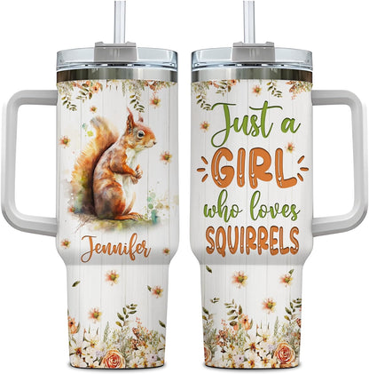 Squirrel Woodland Tumbler 40oz – Personalized Stainless Steel Insulated Cup with Handle & Straw – Cute Gift for Squirrel Lovers