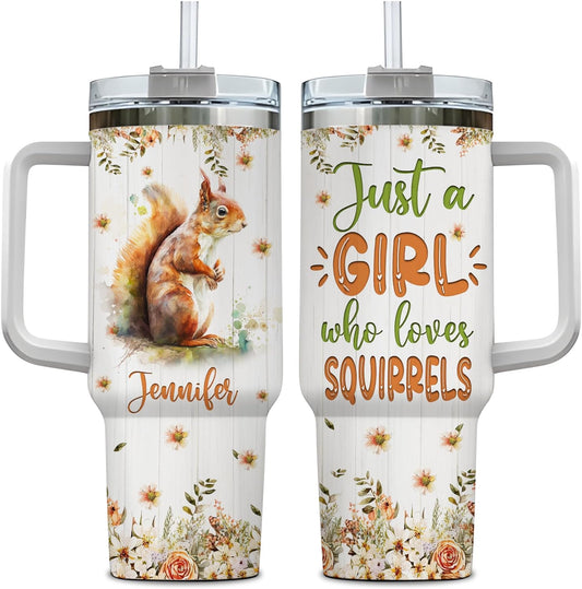 Squirrel Woodland Tumbler 40oz – Personalized Stainless Steel Insulated Cup with Handle & Straw – Cute Gift for Squirrel Lovers