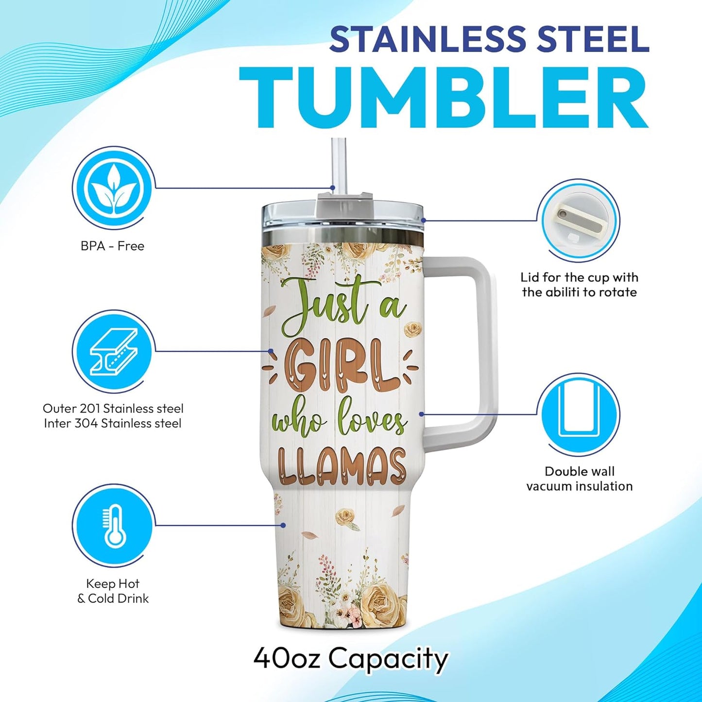Rustic Llama 40oz Tumbler with Handle & Straw – Personalized Stainless Steel Insulated Cup with Lid – Stylish Gift for Animal Lovers