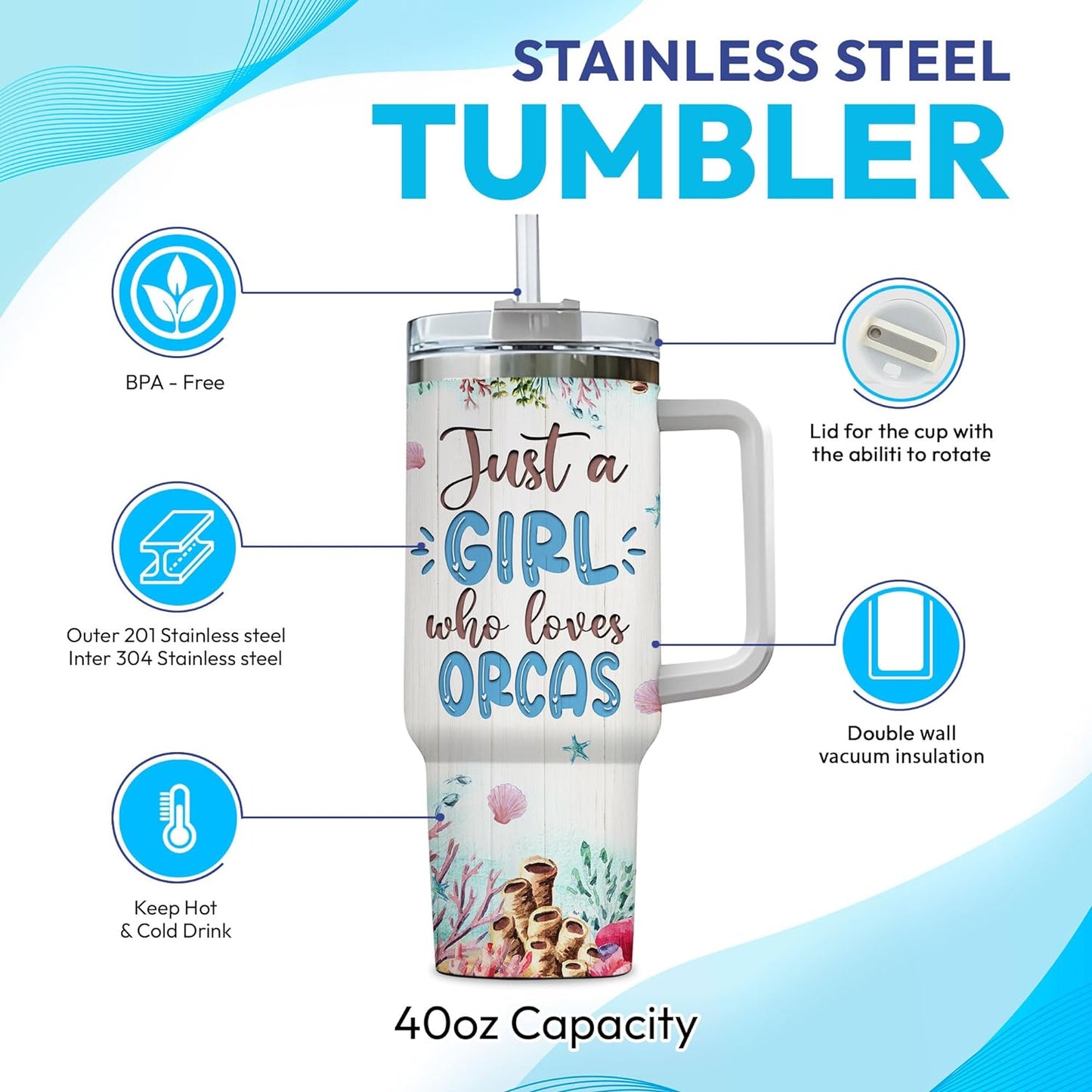Orca Lover Tumbler 40oz – Personalized Stainless Steel Travel Cup with Handle & Straw, Marine Watercolor Design – Creative Gift for Women & Girls