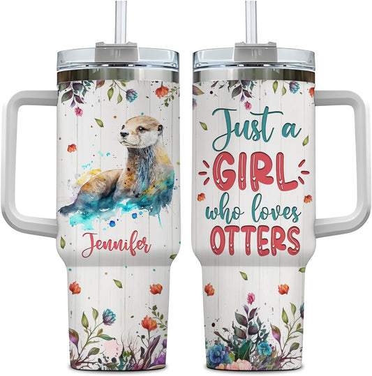 Cute Otter Tumbler 40oz with Handle & Straw – Personalized Stainless Steel Insulated Travel Cup with Lid – Fun Gift for Ocean Lovers